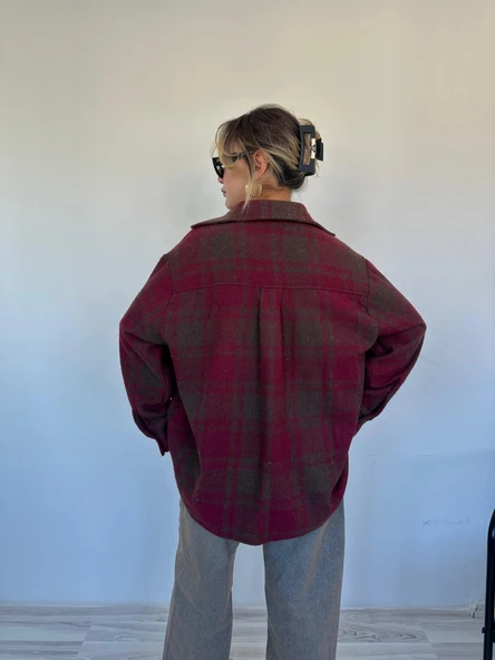 Kadın Oduncu Gömlek Bordo-Kahverengi - Resim 8