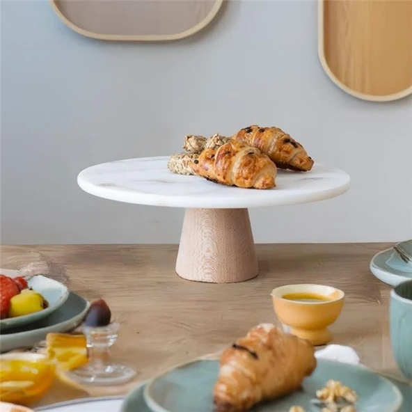 Akayev Mermer 25 Cm Konik Ahşap Ayaklı Beyaz Yuvarlak Sunum Tabağı ürün görseli