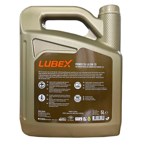 Lubex Primus SV-LA 0W20 5 Lt VW 508 00 509 00 Onaylı - Resim 2