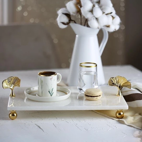 Akayev Mermer Beyaz 30x20 Cm Altın Ayak Ginkgo Sunum Tabağı - Resim 2