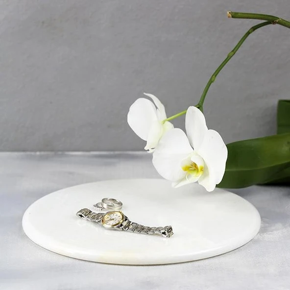 Akayev Mermer 25 Cm Beyaz Yuvarlak Sunum Tabağı - Resim 5