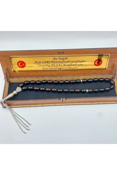 Mavi&siyah Alpaka Püsküllü Arpa Kesim Ateş Kehribar Tespih (AHŞAP KUTULU) - Resim 5