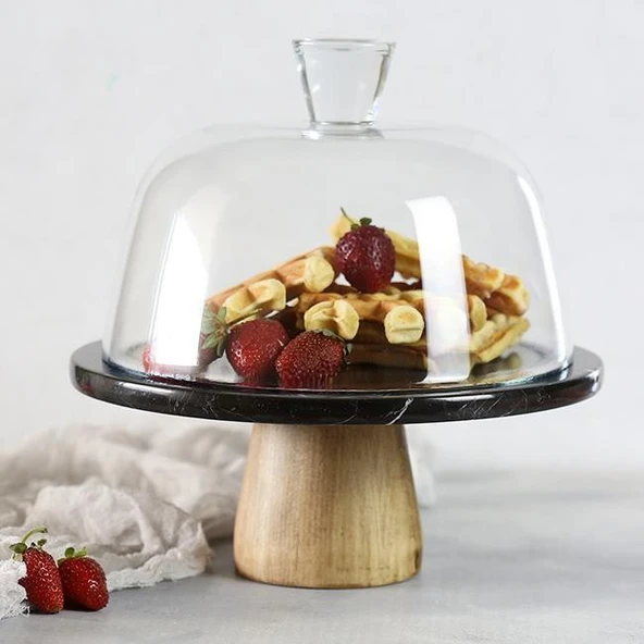 Akayev Mermer 25 Cm Ahşap Konik Ayaklı Siyah Cam Fanus ürün görseli