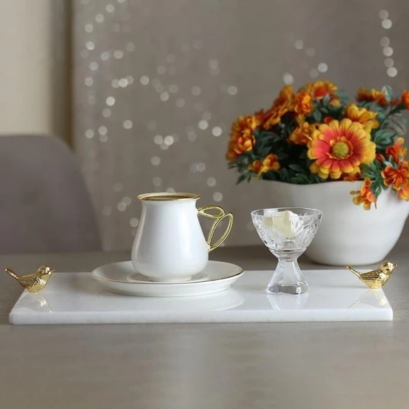 Akayev Mermer Beyaz 30x20 Cm Altın Kuş Sunum Tabağı - Resim 2