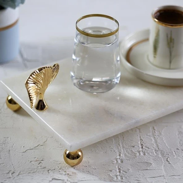 Akayev Mermer Beyaz 30x15 Cm Altın Ayak Ginkgo Sunum Tabağı - Resim 3