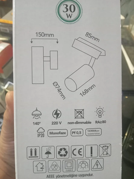 Alüminyum Gövde 30 Watt 3000 Kelvin Gün Işığı Ledli Çok Kaliteli Ray Spot , Led Armatür (Ray Hariç) - Resim 8