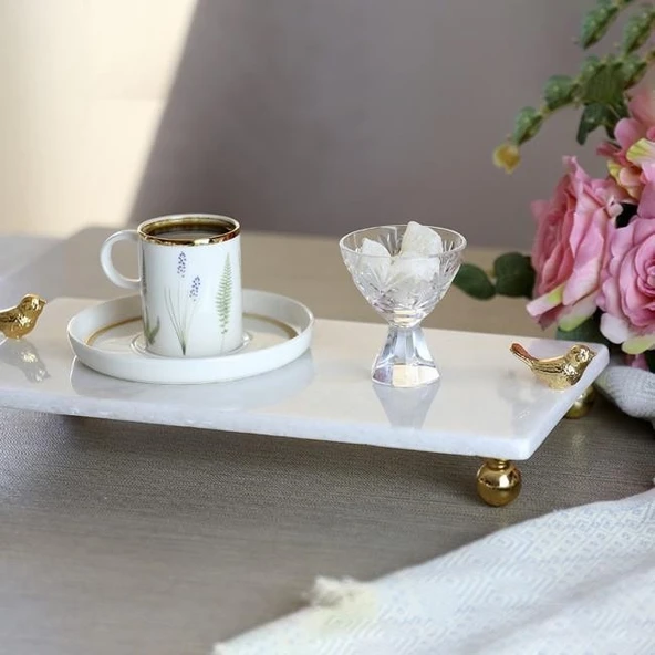 Akayev Mermer Beyaz 30x15 Cm Altın Ayak Kuş Sunum Tabağı - Resim 5
