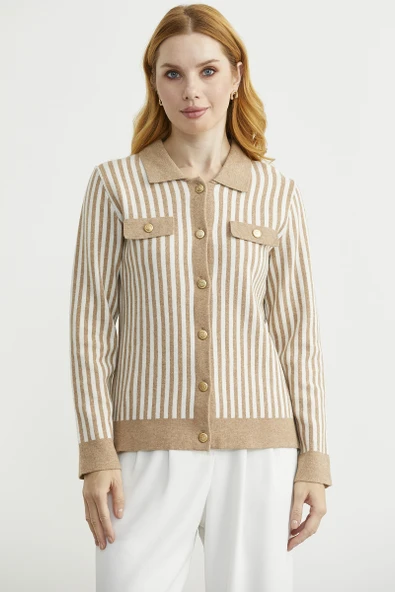 Çizgi Detaylı Yakalı Triko Ceket - Bej ürün görseli 1