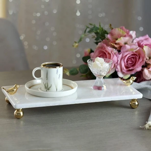 Akayev Mermer Beyaz 30x15 Cm Altın Ayak Kuş Sunum Tabağı - Resim 3