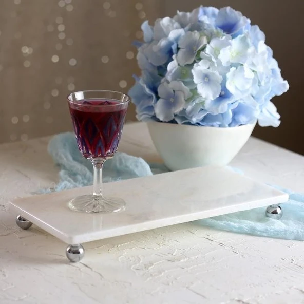 Akayev Mermer Beyaz 30x15 cm Gümüş Boncuk Ayaklı Sunum Tabağı - Resim 3