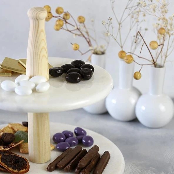 Akayev Mermer Ahşap Ayaklı İki Katlı Sunum Tabağı - Resim 4