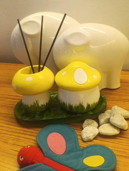 Artepieza El Yapımı Sarı Beyaz Mantar Figürlü Saksı Takımı Dekorasyon Seti ürün görseli 1