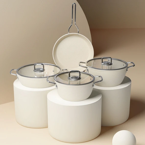 GÜRAL PORSELEN Açelya 7 Parça Granit Tencere Takımı Beyaz ürün görseli 1