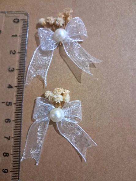 Pratikbox Mini Fiyonk /Tül 1cm'lik / Hediyelik / Süsleme / Beyaz Renk/Yarım incili,Cipso çiçeği / 35 Adet - Resim 3