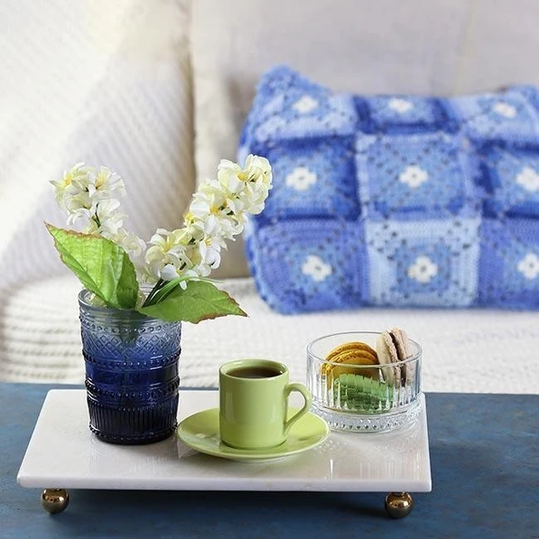 Akayev Mermer Beyaz 30x15 Cm Altın Boncuk Ayaklı Sunum Tabağı - Resim 2