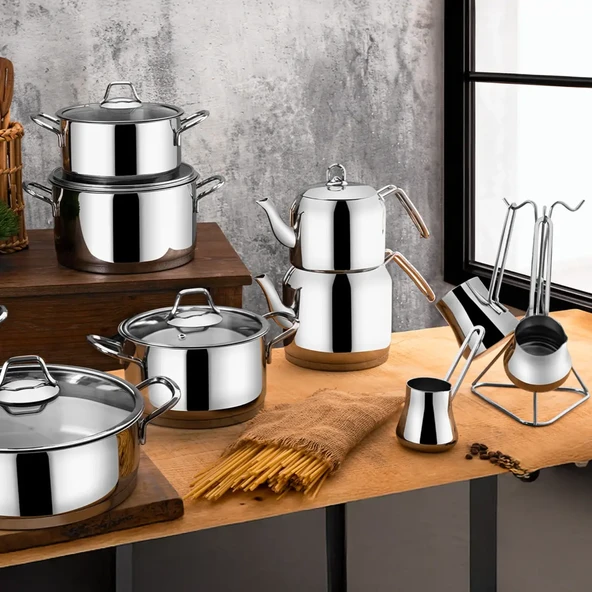 GÜRAL PORSELEN Saray 18 Parça Metal Kulplu Çelik Tencere Takımı Mk - Resim 3