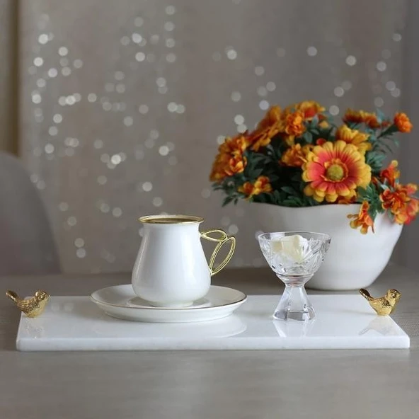 Akayev Mermer Beyaz 30x20 Cm Altın Kuş Sunum Tabağı - Resim 5