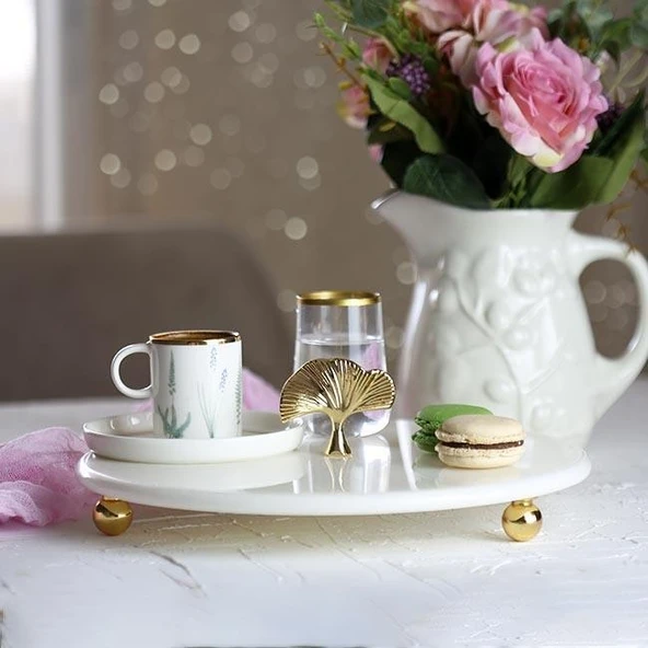 Akayev Mermer Beyaz 28 Cm Altın Boncuk Ayak Ginkgo Sunum Tabağı ürün görseli