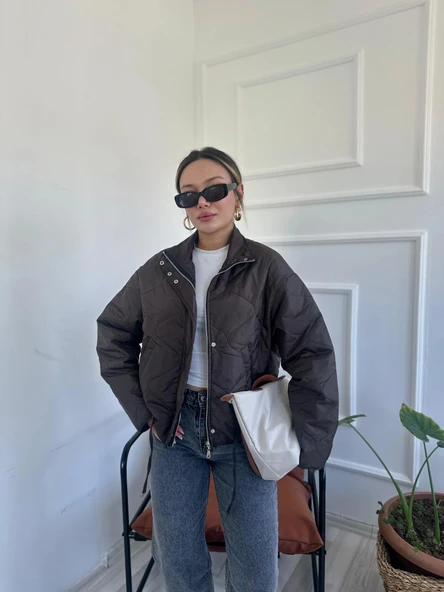 Kadın Kapitone Mont Kahverengi - Resim 5