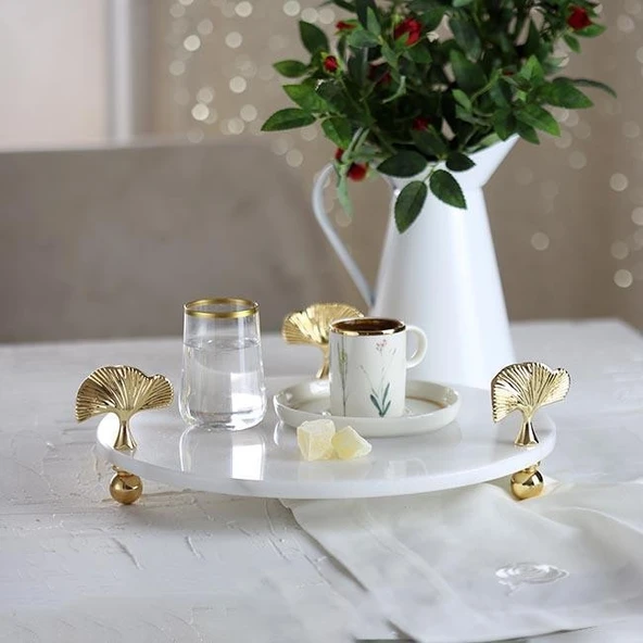 Akayev Mermer Beyaz 30 Cm Altın Ayak Ginkgo Yuvarlak Sunum Tabağı - Resim 5