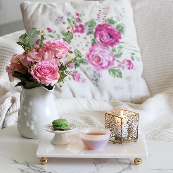 Akayev Mermer Beyaz 30x20 cm Boncuk Ayaklı Sunum Tabağı ürün görseli