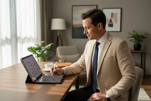 Erkek Bej Slim Fit Blazer Ceket – Çizgili Dokulu Kumaş – Çift Düğmeli - Resim 4