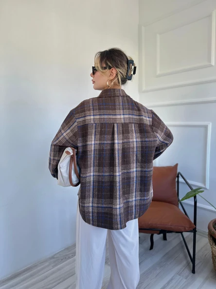 Kadın Oduncu Gömlek Mavi-Kahvrengi - Resim 5