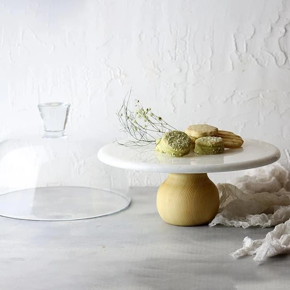 Akayev Mermer 25 Cm Ahşap Ayaklı Beyaz Cam Fanus - Resim 3