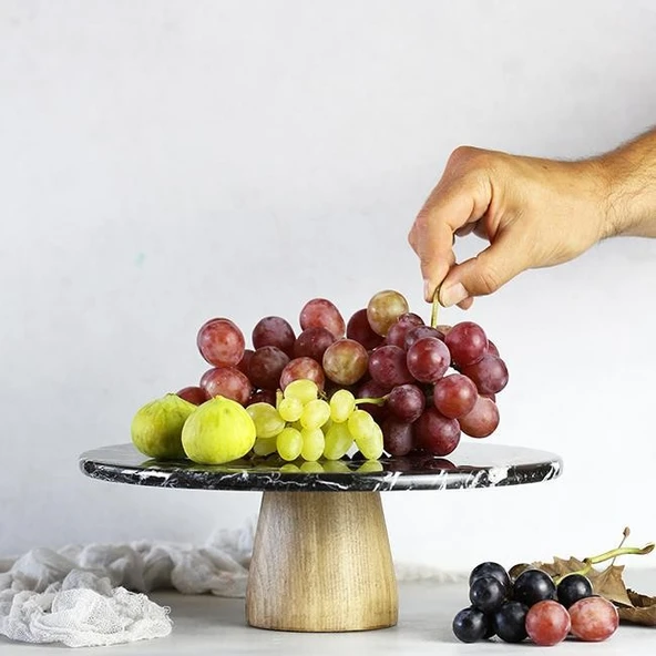 Akayev Mermer 28 Cm Ahşap Konik Ayaklı Siyah Yuvarlak Sunum Tabağı - Resim 2