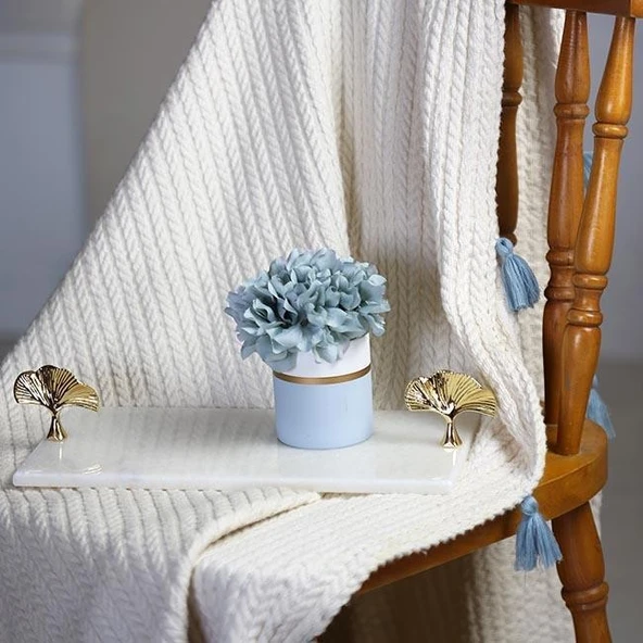 Akayev Mermer Beyaz 30x15 Cm Altın Ginkgo Sunum Tabağı - Resim 3