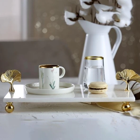 Akayev Mermer Beyaz 30x20 Cm Altın Ayak Ginkgo Sunum Tabağı - Resim 5