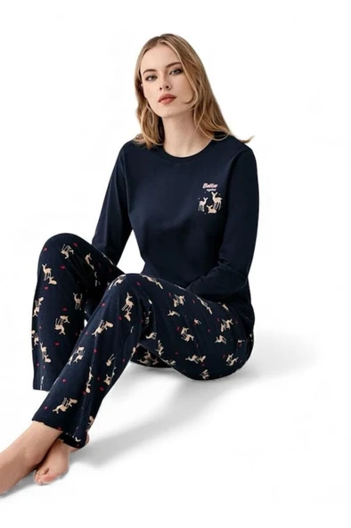 Arnetta %100 Pamuk Geyik Desen Bayan Pijama Takım - Resim 12