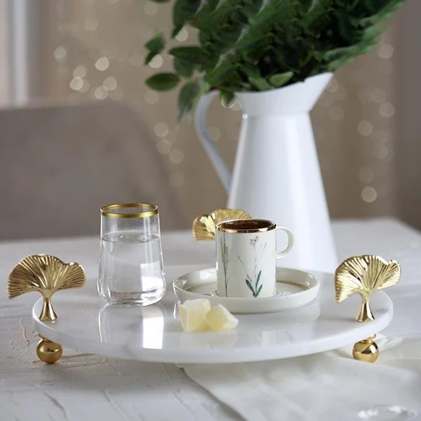 Akayev Mermer Beyaz 30 Cm Altın Ayak Ginkgo Yuvarlak Sunum Tabağı - Resim 4