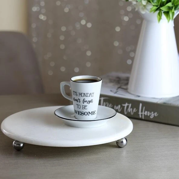 Akayev Mermer Beyaz 25 Cm Gümüş Boncuk Ayak Yuvarlak Sunumluk - Resim 5