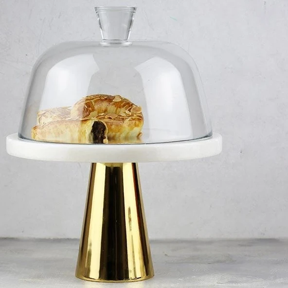 Akayev Mermer 25 Cm Altın Konik Ayak Beyaz Kalın Cam Fanus - Resim 3