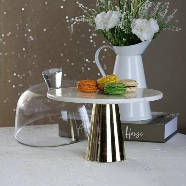 Akayev Mermer 25 Cm Altın Konik Ayak Beyaz CamFanus - Resim 2