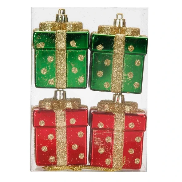 Yılbaşı Hediye Kutulu Kırmızı ve Yeşil Ağaç Süsü 4'lü - Resim 2