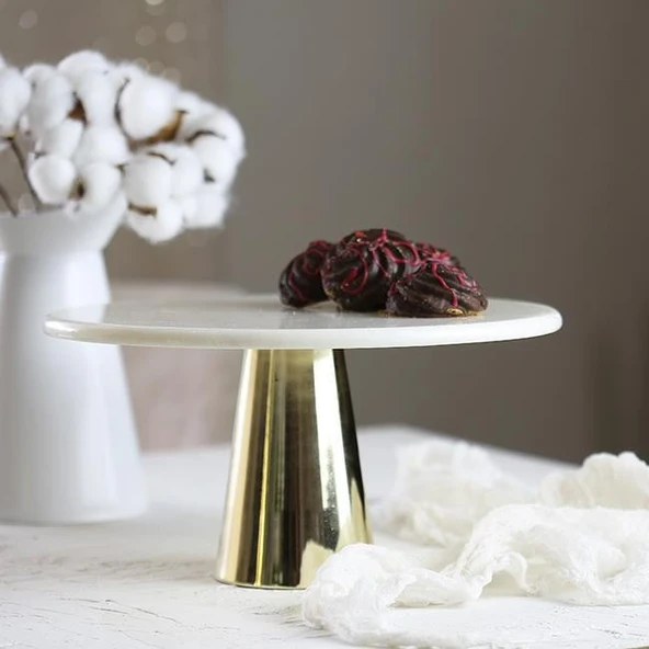 Akayev Mermer 28 Cm Altın Konik Ayak Beyaz Sunumluk - Resim 2