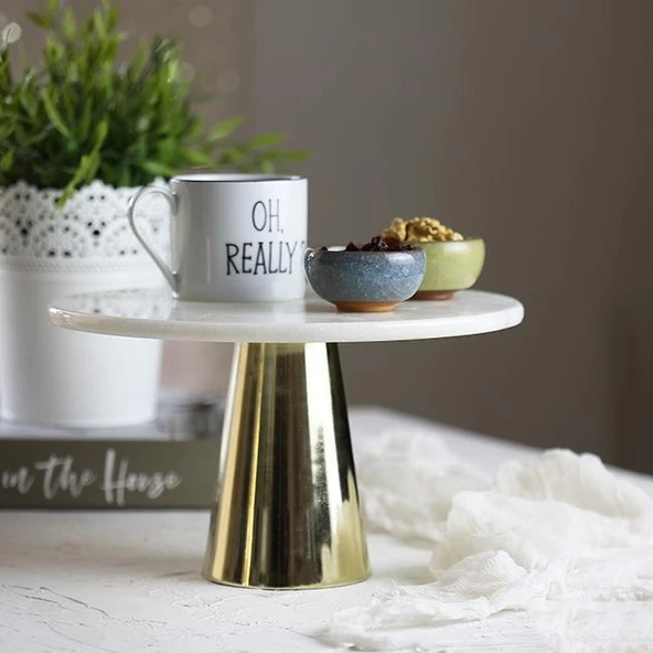 Akayev Mermer 25 Cm Altın Konik Ayak Beyaz Sunumluk - Resim 2