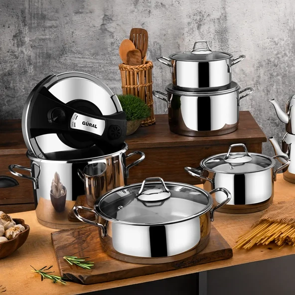 GÜRAL PORSELEN Saray 18 Parça Metal Kulplu Çelik Tencere Takımı Mk - Resim 2