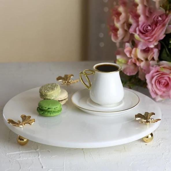 Akayev Mermer Beyaz 30 Cm Altın Ayak Kelebek Yuvarlak Sunum Tabağı - Resim 3