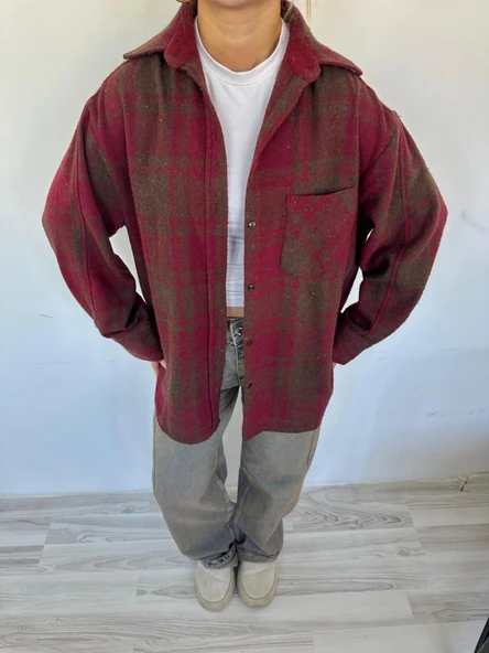 Kadın Oduncu Gömlek Bordo-Kahverengi - Resim 7