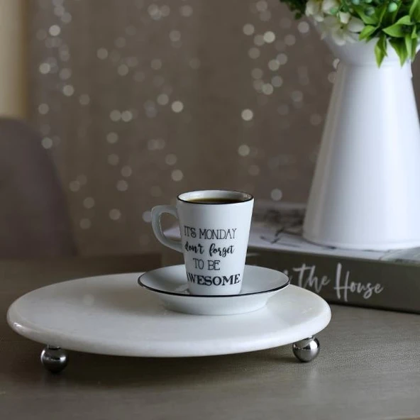 Akayev Mermer Beyaz 25 Cm Gümüş Boncuk Ayak Yuvarlak Sunumluk - Resim 4