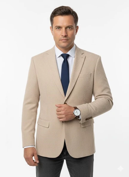 Erkek Bej Slim Fit Blazer Ceket – Çizgili Dokulu Kumaş – Çift Düğmeli - Resim 6