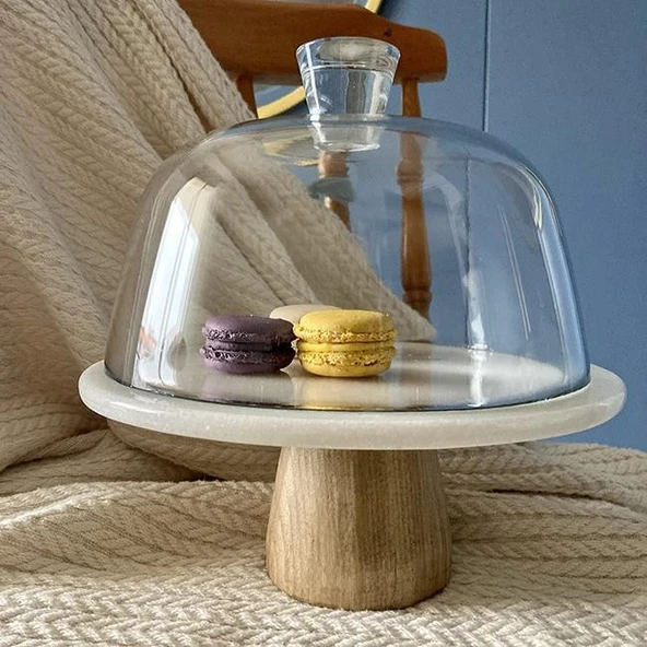 Akayev Mermer 25 Cm Ahşap Konik Ayaklı Beyaz Cam Fanus ürün görseli