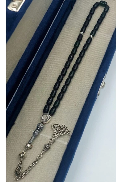 Koyu Yeşil Kapsül Kesim Alpaka Püskül Kehribar Tespih (KUTULU TESBİH) - Resim 2