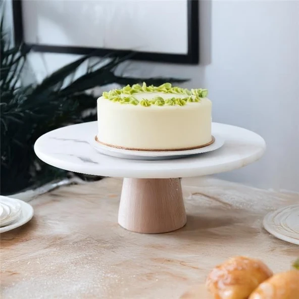 Akayev Mermer 28 Cm Konik Ahşap Ayaklı Beyaz Yuvarlak Sunum Tabağı ürün görseli