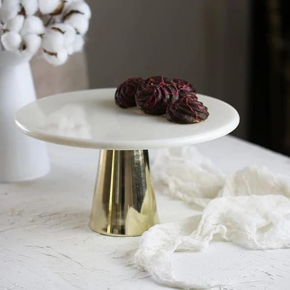 Akayev Mermer 28 Cm Altın Konik Ayak Beyaz Sunumluk - Resim 3