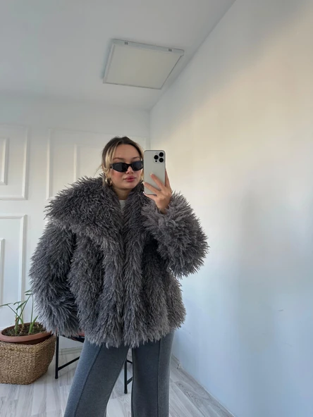 Kadın Kürk Mont Antrasit - Resim 6