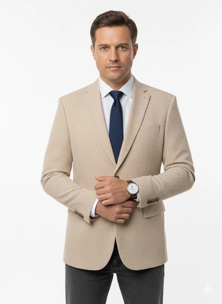 Erkek Bej Slim Fit Blazer Ceket – Çizgili Dokulu Kumaş – Çift Düğmeli ürün görseli